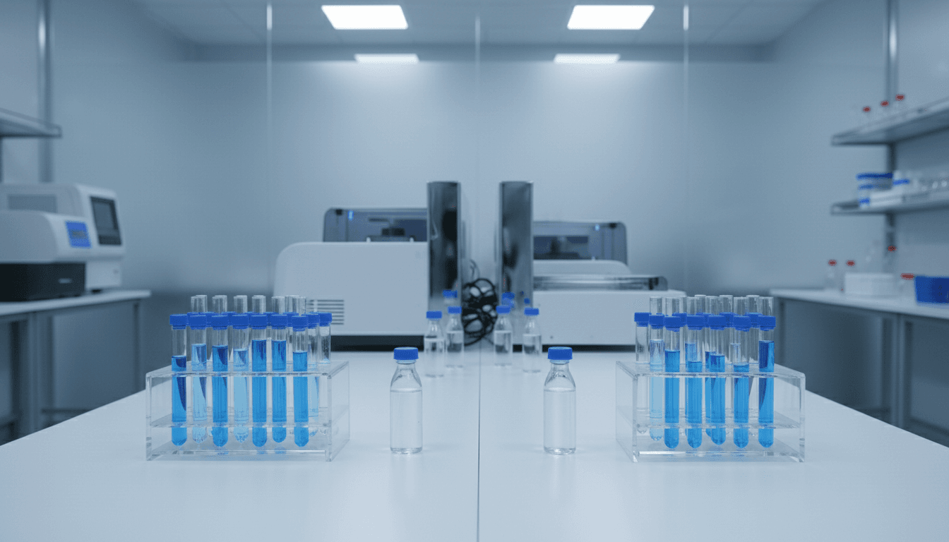DNA sample vials arranged on a lab bench in a clean modern testing laboratory