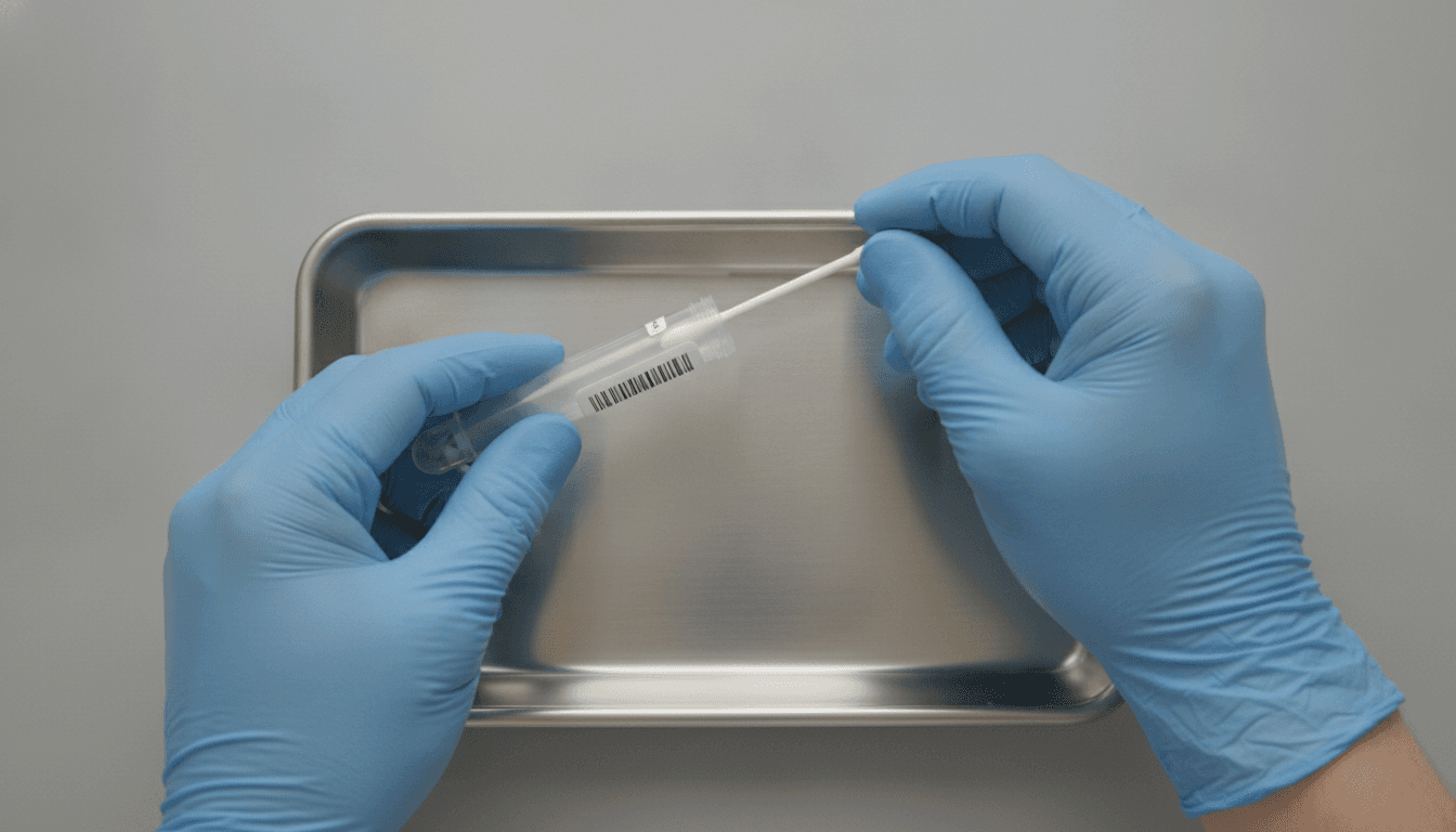 Professional handling a DNA sample collection tube with gloved hands
