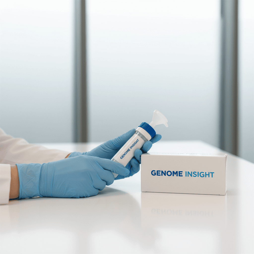 Gloved hands handling a DNA sample collection kit