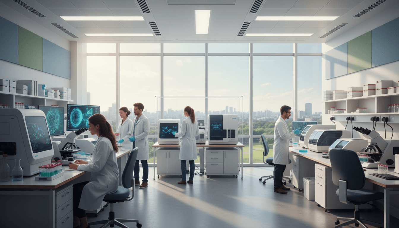 Modern DNA testing facility reception area with professional staff