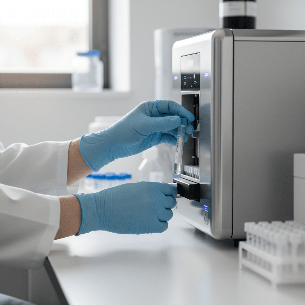 Gloved hand sealing a DNA sample into an evidence bag