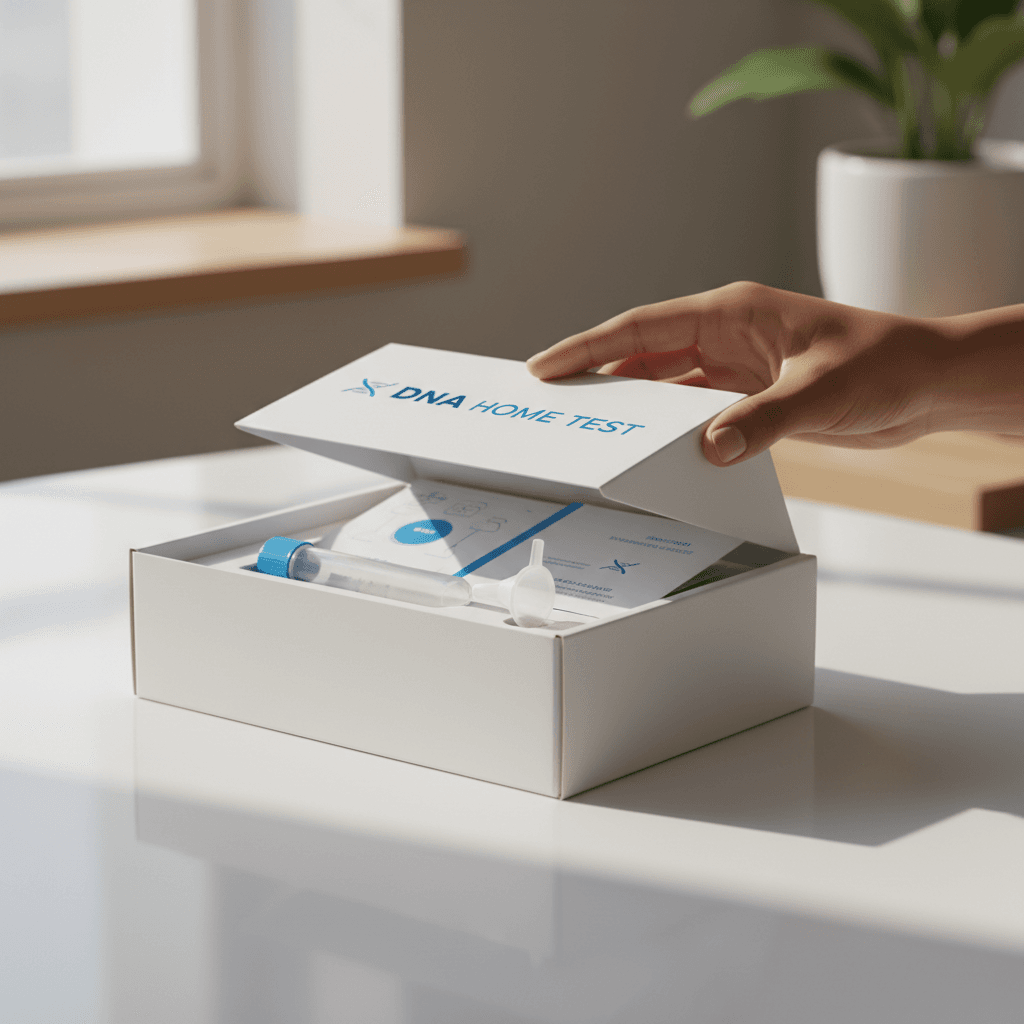 At-home DNA test kit contents arranged neatly