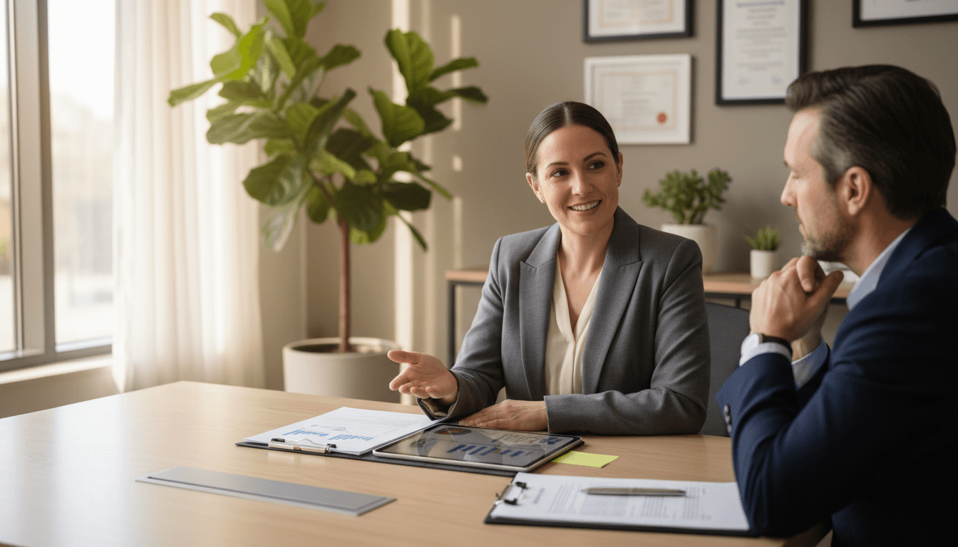 Consultant explaining paperwork to a client across a desk