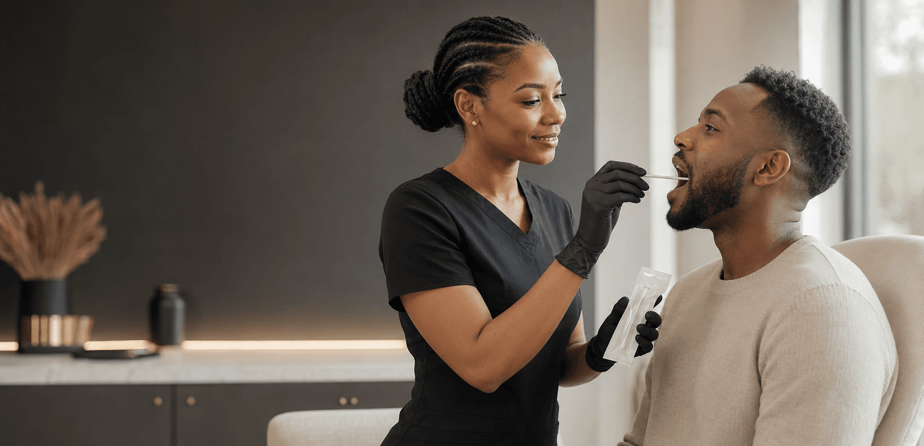 Healthcare professional in black scrubs performs a throat swab on a seated male patient.