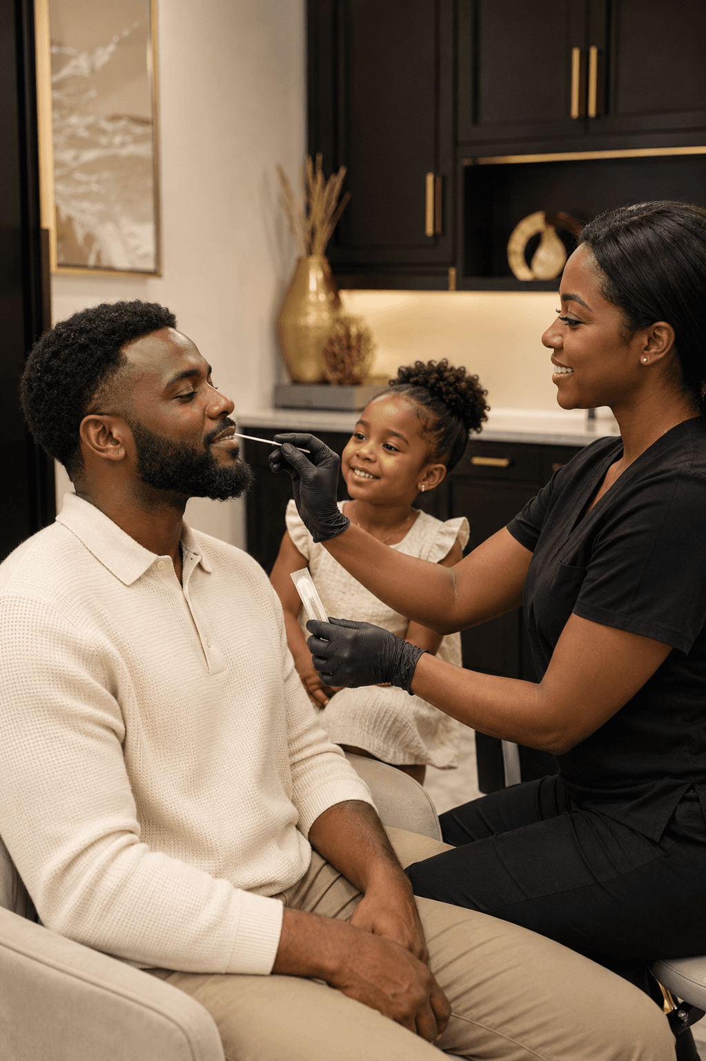 Medical professional performs a cheek swab on a man while a young girl smiles nearby.