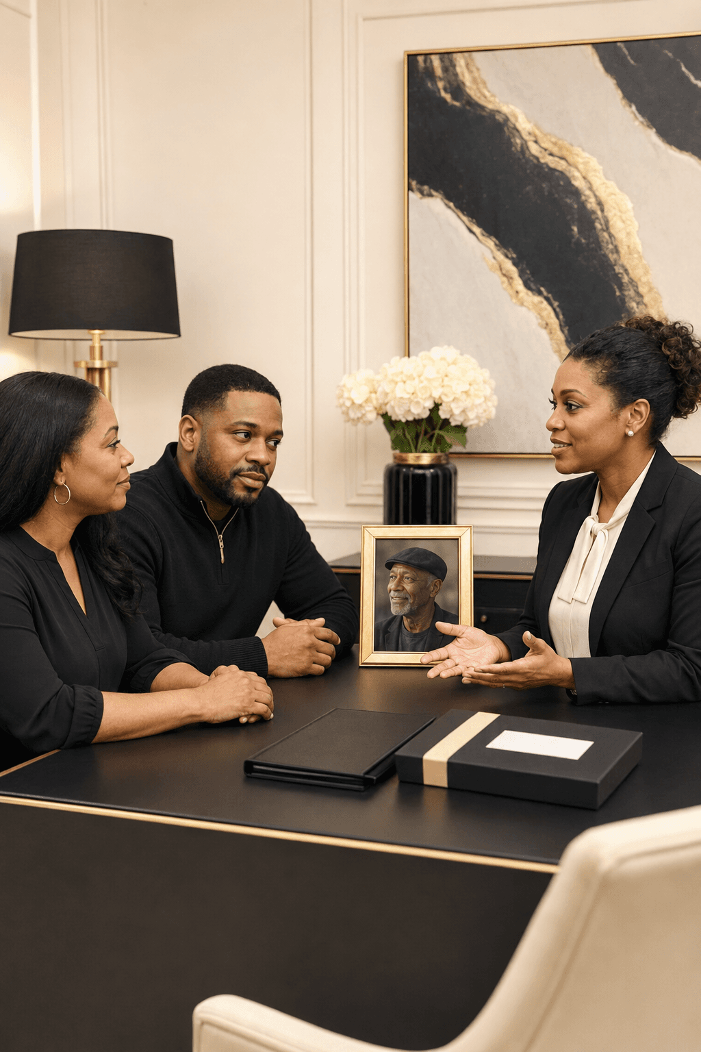 A Black couple consults with a professional woman near a framed memorial portrait.
