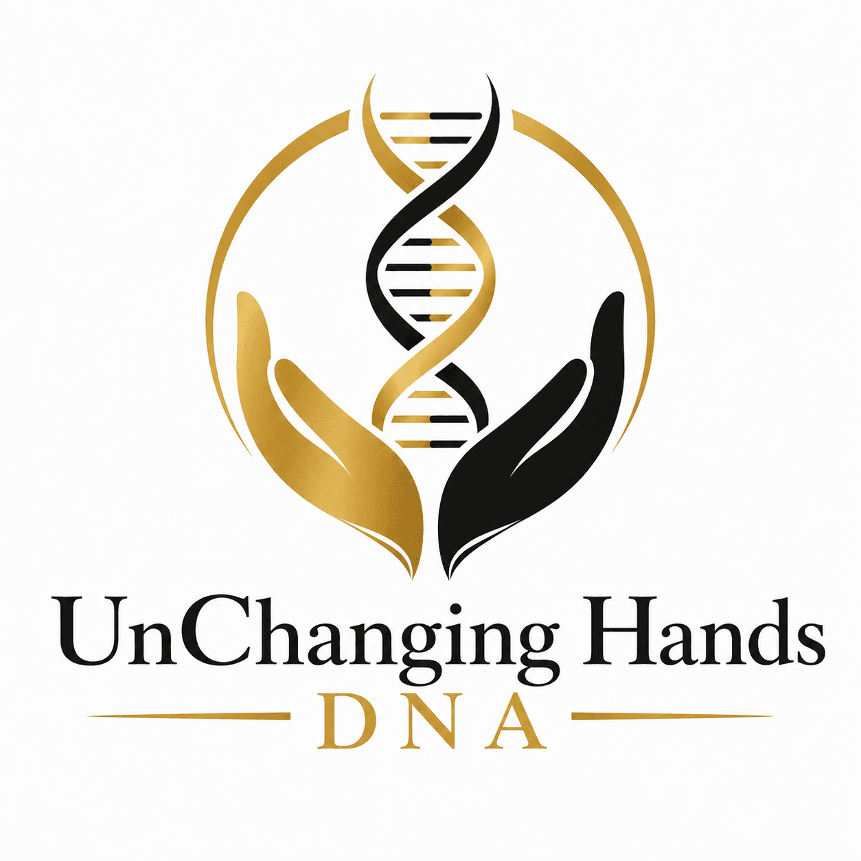 UnChanging Hands DNA logo with gold and black hands cradling a double helix symbol.
