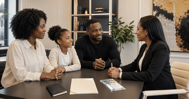 A Black family consults with a professional woman at a table in a modern office.