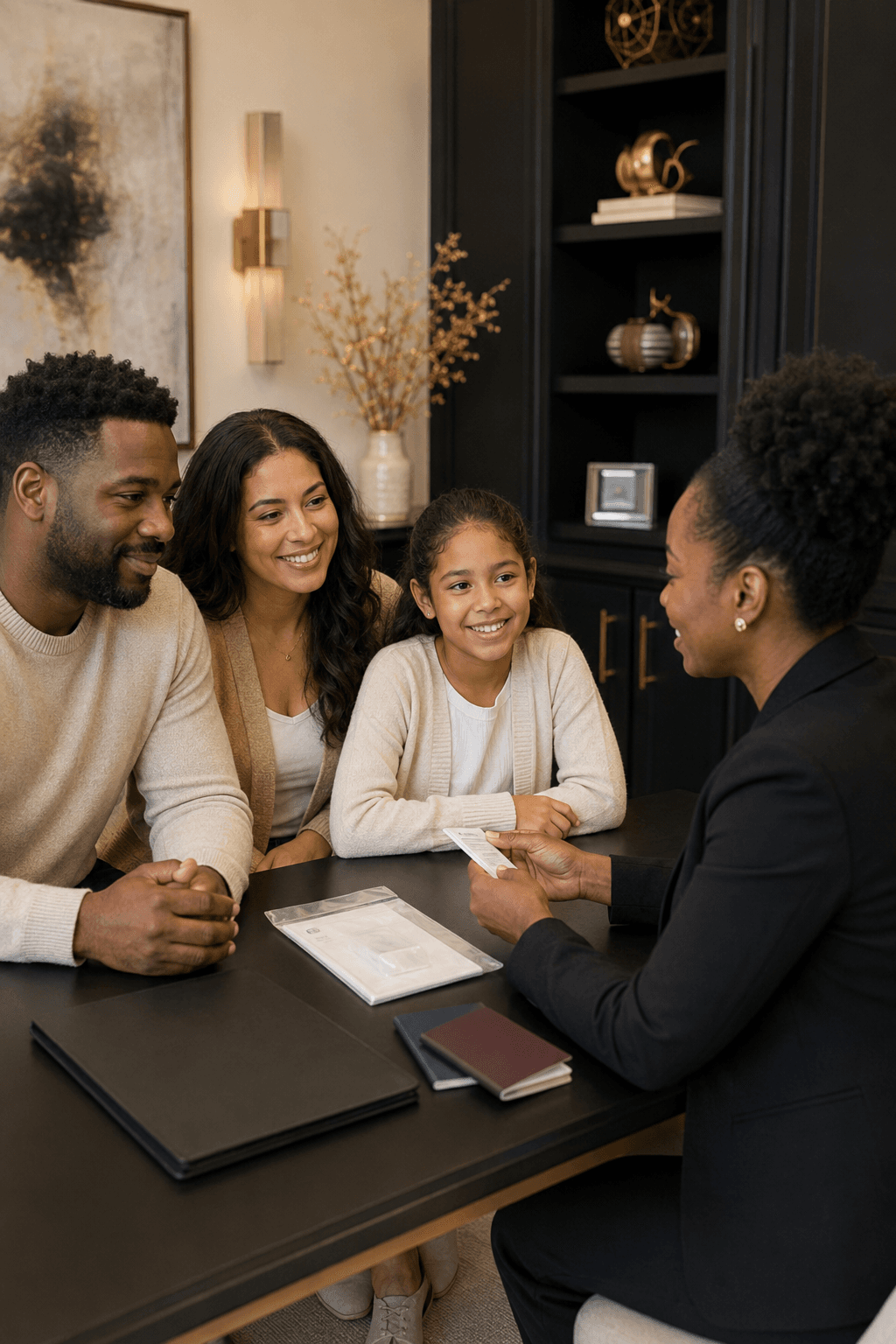 A professional woman reviews documents with a smiling family at a desk with passports.