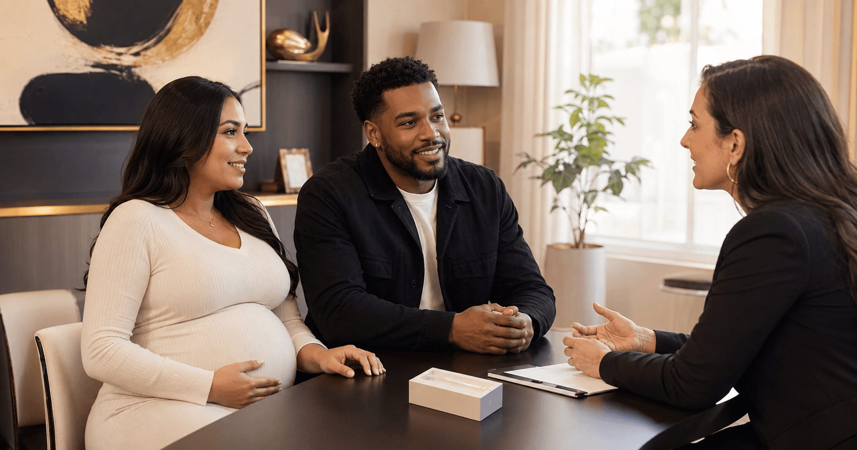 Smiling pregnant woman and partner consulting with a professional advisor in a modern office setting.