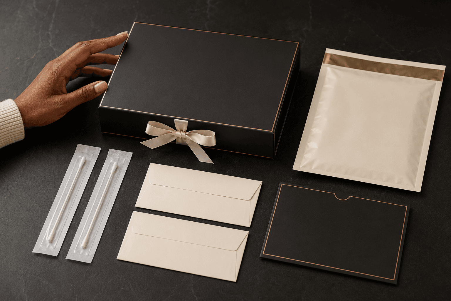 Hand reaching for a black gift box with cream ribbon, swabs, and envelopes on slate.
