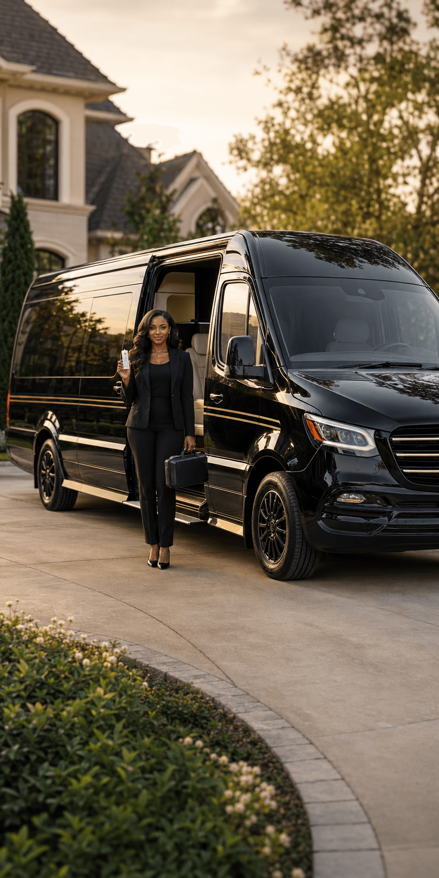 Professional woman in a black suit stands beside a luxury black van outside a mansion.