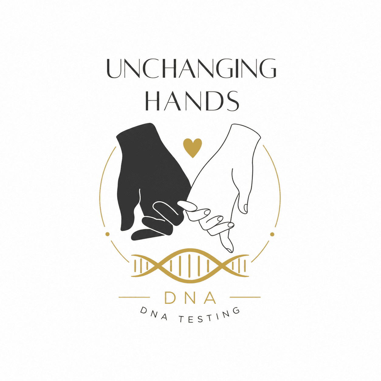 Unchanging Hands DNA Testing logo featuring contrasting hands holding pinkies above a golden DNA helix.