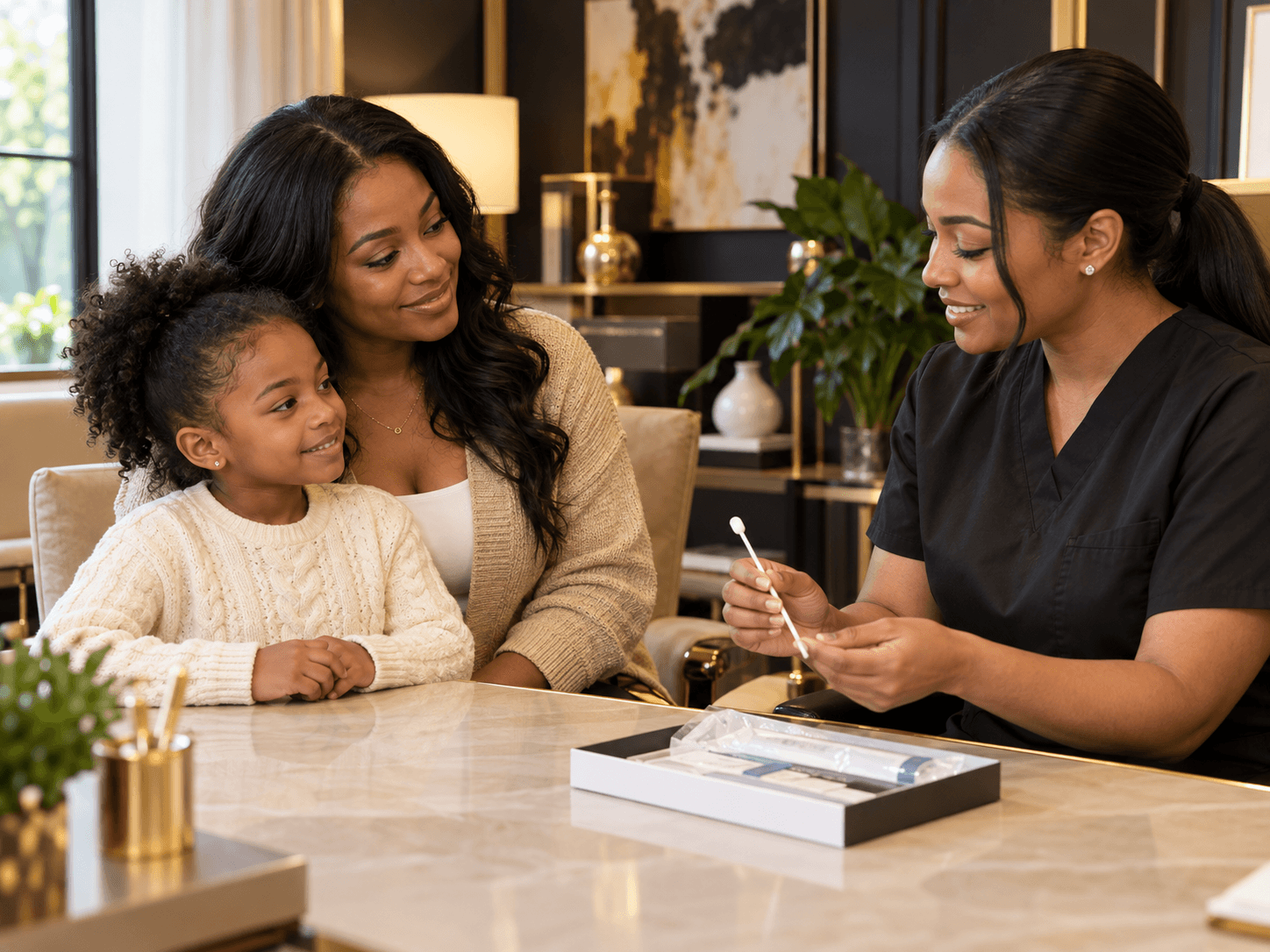 Healthcare professional showing a medical test kit to a smiling mother and young daughter.