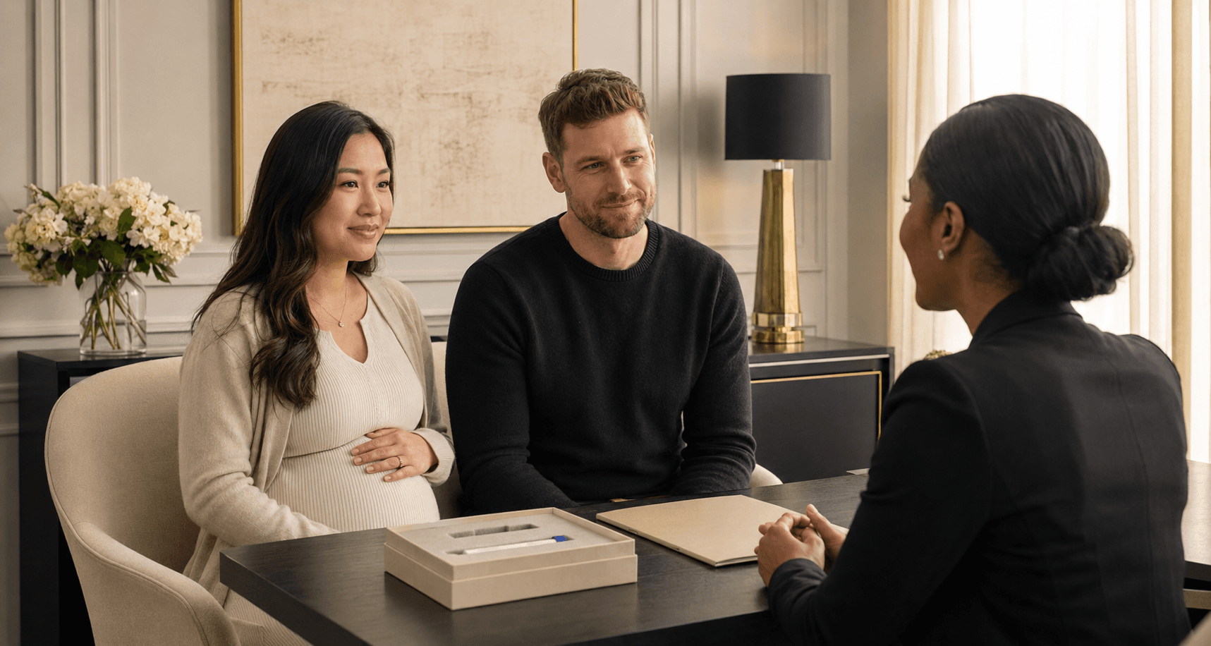 Pregnant woman and partner meeting with a professional consultant in a modern, elegant office.
