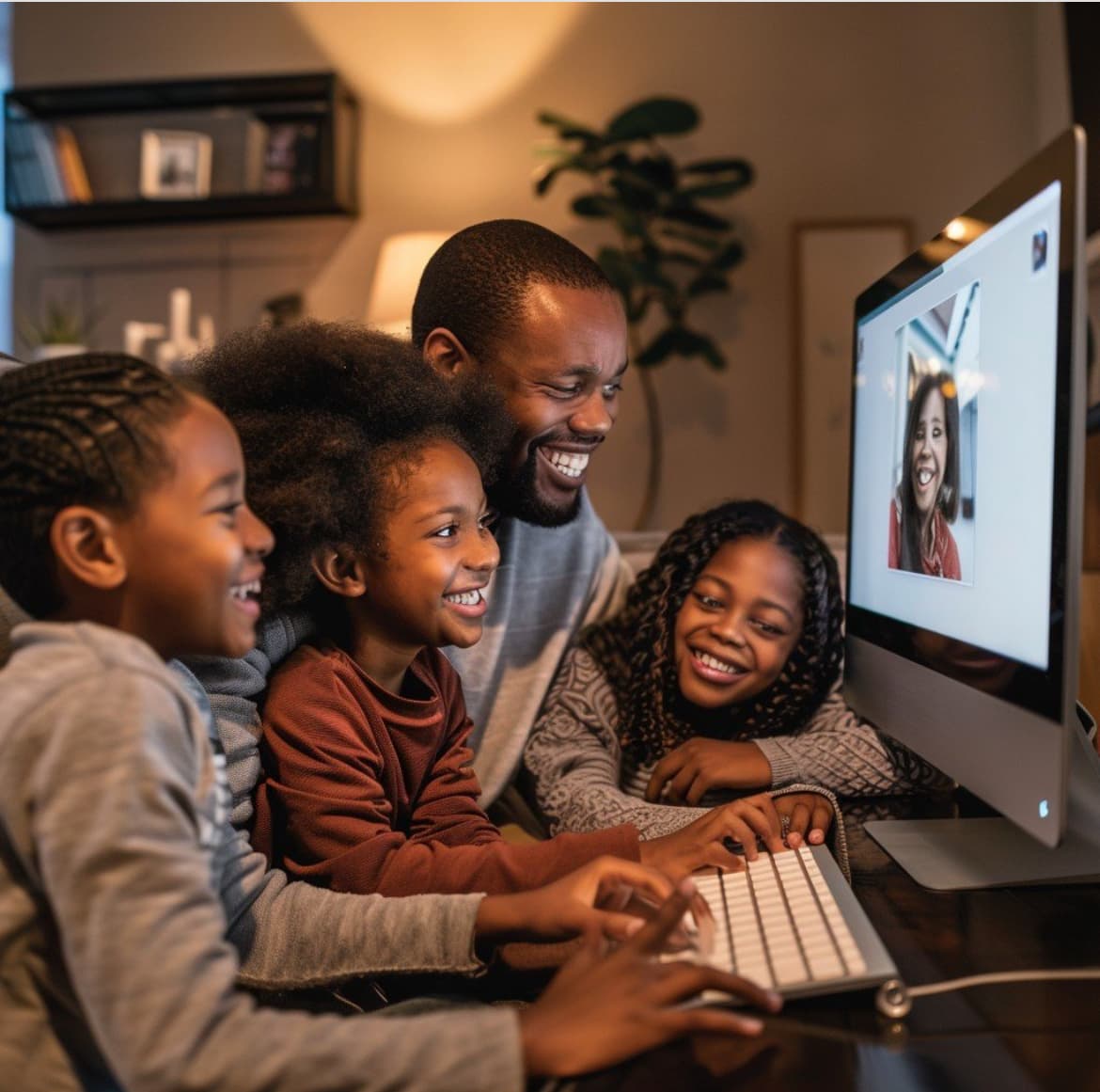 Smiling Black father and three children video call a woman on a computer at home.