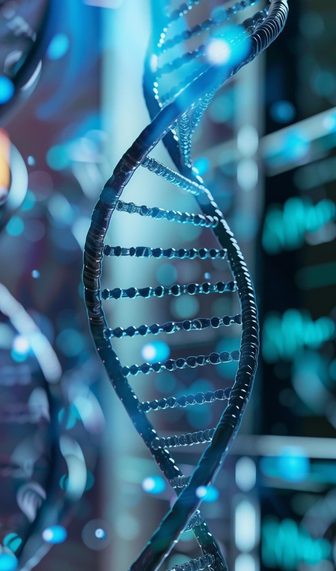 Glowing blue DNA double helix structure spiraling through a dark, futuristic digital scientific environment.