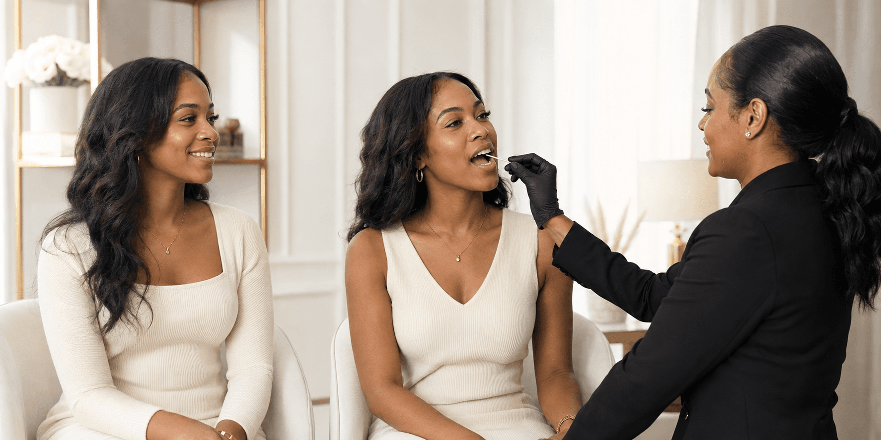 Professional in black gloves performs an oral swab on a woman while another woman watches.