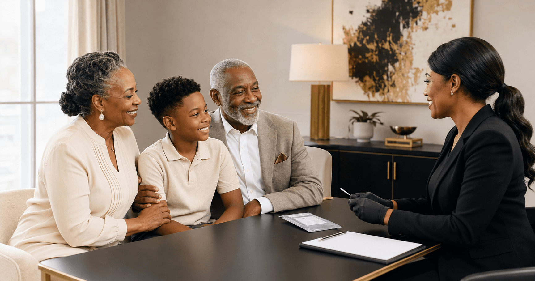 A smiling Black family meets with a professional woman wearing black gloves at a table.